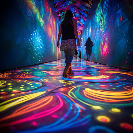 Immerse yourself in a mesmerizing abstract digital artwork that showcases the imaginative installation titled 'Trailblazers: A Dynamic Pathway of Illuminated Footprints'. This vibrant artistic masterpiece features a beautiful pathway composed of glowing footsteps, winding through a fantastical landscape. The footprints emit a stunning spectrum of vibrant colors, symbolizing the unique journey and impactful footsteps of remarkable individuals who have made a lasting impression on society. Experience the power of innovation, creativity, and the individual actions that shape our world through this captivating installation.の素材