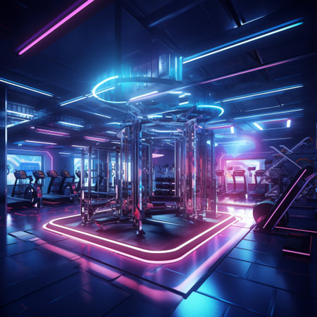 Welcome to Flex Factory, a futuristic gym setup that showcases an innovative and technology-driven workout environment. Step into the future of fitness where cutting-edge exercise equipment, sleek architecture, and neon lighting combine to create a dynamic and energizing atmosphere. This image invites you to explore the possibilities of a tech-savvy workout experience surrounded by clean lines, vibrant colors, and a sense of motion.の素材