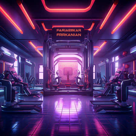 Get ready to sweat and push your limits with this futuristic gym setup in vibrant neon colors and sleek metallic aesthetics. In this artwork, a superhuman character is depicted in the midst of an intense workout, showcasing their extraordinary strength and determination. The vibrant neon lights and sleek metallic equipment create a visually stunning and dynamic atmosphere, highlighting the futuristic and high-tech nature of this gym. Prepare to be inspired and motivated to unleash your own inner power!の素材