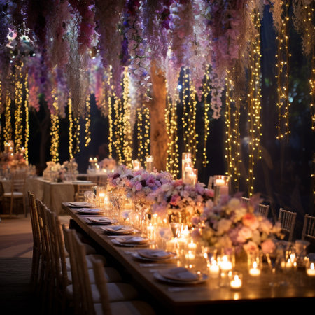 Step into a magical wonderland with this enchanting image of a wedding reception venue transformed into a mesmerizing scene of fairy lights. The venue is adorned with cascades of twinkling bulbs, casting a soft, ethereal glow that illuminates the room. Delicate strings of lights enhance the intricate floral arrangements on each table, creating a romantic and enchanting atmosphere. This stunning image captures the perfect balance between modern elegance and whimsical charm, transporting viewers into a dreamlike world. It is an ideal subject for microstock sites that cater to the wedding industry.の素材