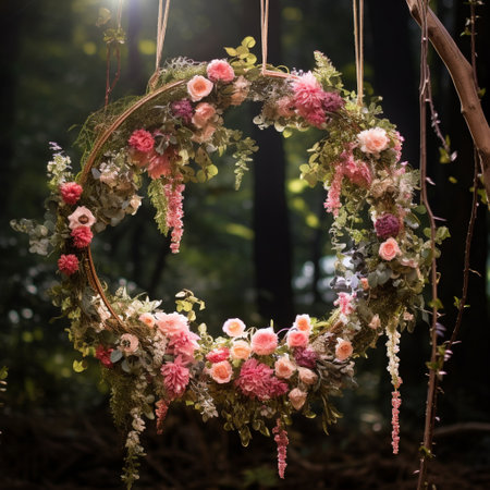 Step into the enchanting world of a garden wedding with this whimsical and captivating art depiction. The scene features a rustic swing adorned with a delicate floral wreath, floating gracefully in the air. The wreath is brought to life with vibrant colors and intricate details, emanating an ethereal charm. Sunlight filters through the foliage, casting an enchanting glow on the surroundings. Every element of this image whispers of love and romance, leaving viewers in awe of the magic of this garden wedding moment.の素材
