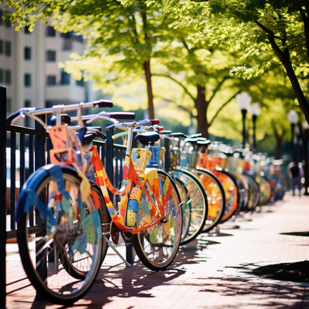 Immerse yourself in the world of impressionism with this eye-catching image that showcases the artistic integration of bike racks into the urban landscape. The vibrant city street comes to life with a row of beautifully sculpted bicycle racks, each uniquely designed to resemble an iconic landmark or artistic masterpiece. These functional pieces of urban artwork seamlessly blend with their surroundings, adding to the aesthetic charm of the bustling city. Cyclists and pedestrians can be seen enjoying the visually pleasing bike racks, which serve as both practical and visually appealing additions to the urban environment.の素材