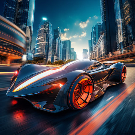 Experience the thrill of speed and innovation with this futuristic racing vehicle as it zooms through a vibrant cityscape! This sleek and eco-friendly vehicle showcases advanced features, including electric propulsion systems or other sustainable power sources, embracing a sustainable future of racing. With its bold and dynamic design, this image captures the excitement and energy of racing while promoting a message of environmental consciousness.の素材