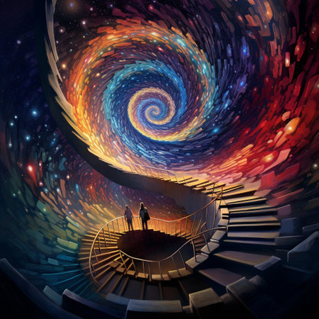 Immerse yourself in the captivating artwork titled 'Infinite Horizons: A Kaleidoscopic View of the Ever-Expanding Universe'. This artistic installation features a mesmerizing spiral staircase that ascends into the vastness of space, creating a stunning visual experience. The staircase is adorned with intricate patterns and vibrant colors, seamlessly merging with the celestial backdrop. This blend of realism and surrealism invites viewers to contemplate the boundless possibilities and mysteries of the universe.の素材