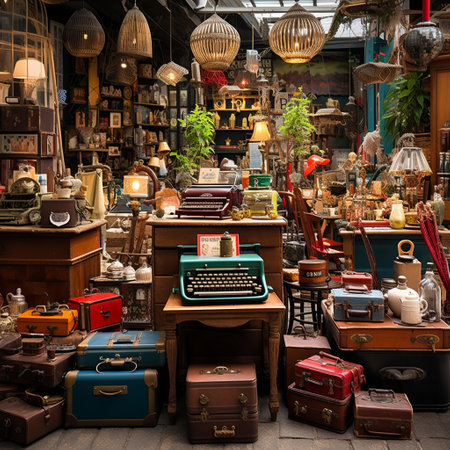 Step back in time with this whimsical retro illustration capturing the essence of vintage technology and antiques. The bustling marketplace on a charming cobblestone street is filled with vibrant stalls and shopkeepers, offering an array of intriguing retro gadgets and antique tech. The captivating storefront showcases a variety of vintage typewriters, telephones, and gramophones, each radiating a nostalgic aura. Customers bustle around, marveling at these beautifully preserved relics of the past. In the background, a live demonstration of a classic film projector mesmerizes spectators, projecting black-and-white images onto a makeshift screen. The crowd gathers with awe and anticipation, their expressions reflecting the magic of reliving moments from the past. Surrounding the scene are eye-catching antique gadgetry, including intricately designed pocket watches, brass compasses, and quirky retro cameras. Well-worn books, vintage vinyl records, and aged maps are scattered, adding to the charm and authenticity of the setting. This illustration evokes a strong sense of nostalgia and wonder, reminding viewers to appreciate the timeless allure of vintage tech and antiques. It inspires them to reminisce about the golden era of technology and the magic these relics can still possess in our modern world.の素材