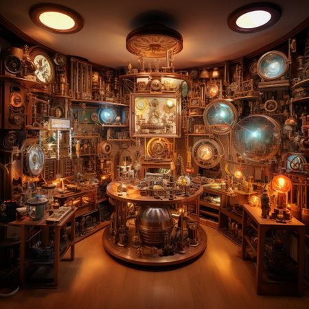 Step into the future with this image of a futuristic time machine surrounded by a gallery of vintage tech and antique items. The time machine is meticulously designed with copper piping, steam-powered gears, and enchanting glowing lights, giving it a mesmerizing appearance. The gallery features carefully arranged shelves showcasing various vintage tech triumphs, including typewriters, rotary telephones, record players, cathode ray tube televisions, and antique cameras. The art style combines elements of steampunk and retro-futurism, evoking nostalgia for past technologies and incorporating imaginative and fantastical elements.の素材