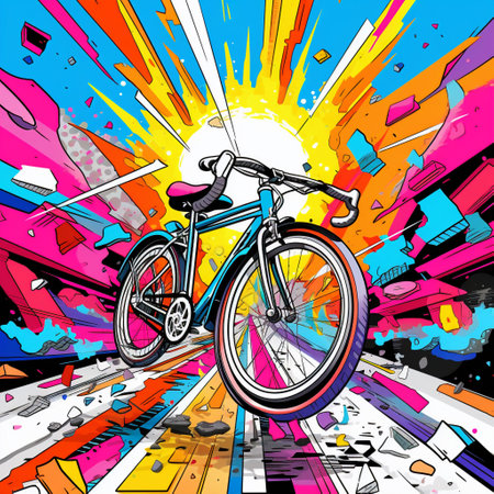 Immerse yourself in the vibrant and dynamic world of pop art with this captivating masterpiece. Inspired by the pop art movement, this artwork showcases a powerful and unstoppable bicycle breaking free from chains and conquering roads. The vibrant colors and bold lines create a visually striking image that grabs your attention and sparks your imagination. Through this artwork, the bicycle is depicted as an emblem of freedom, symbolizing the joy and liberation of riding a bicycle. It reimagines the concept of biking, portraying the bicycle as a symbol of breaking barriers and embracing endless possibilities.の素材