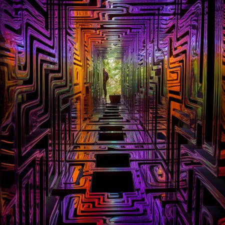 Get lost in the captivating reflections of this mesmerizing mirror maze, designed to evoke a sense of solitude and inner contemplation. This hyperrealistic painting-style image features meticulous attention to detail and vibrant colors, creating a truly immersive experience. The grand scale of the mirror maze is adorned with intricate patterns and designs that mesmerize the viewer, while the distorted reflections within the mirrors create an otherworldly and ethereal atmosphere. This image is sure to capture the attention of microstock sites, inspiring a wide range of reactions from awe and fascination to introspection and wonder.の素材
