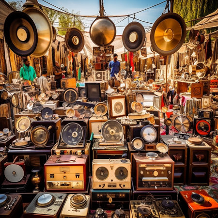 Step back in time and immerse yourself in the vibrant atmosphere of a bustling flea market in a bustling city. Rows of quirky stalls adorned with a dazzling array of vintage tech and antiques await your exploration. Be captivated by an enticing display that pays homage to the bygone era of technology, featuring extraordinary treasures like retro rotary dial phones, cathode-ray tube televisions, typewriters, vinyl record players, floppy disks, and more. Experience the nostalgia as a diverse crowd of characters, both young and old, eagerly browse through these relics of the past. This artwork embraces a vibrant pop art style infused with a touch of whimsical nostalgia, capturing the essence of this vivid atmosphere in all its glory. Let your imagination soar as you create an image that will evoke waves of nostalgic emotions and ignite wanderlust in the hearts of viewers worldwide.の素材