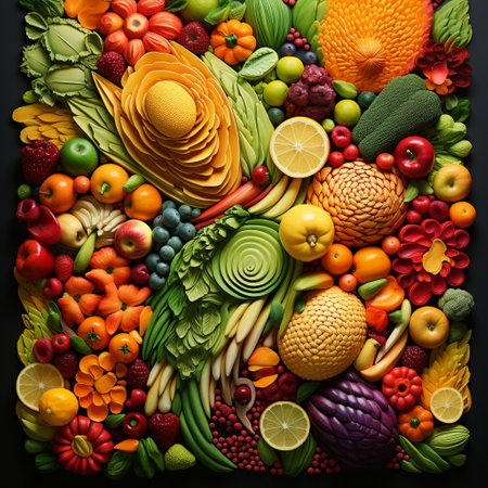 Step into a world of natural art with this colorful and vibrant tapestry made entirely out of various fruits and vegetables. Created in a modern, digital illustration style with a touch of abstract expressionism, this mesmerizing artwork showcases nature's bounty in a visually breathtaking display. The arrangement of fruits and vegetables creates an eye-catching composition, with an explosion of rich and diverse colors that evoke a sense of freshness, abundance, and the sheer beauty of natural produce.の素材