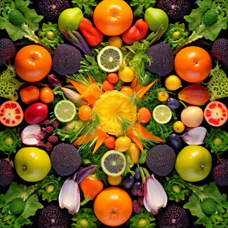 Immerse yourself in the vibrant and captivating world of fresh produce with this mesmerizing image. Bursting with a kaleidoscope pattern of various fruits and vegetables, this composition showcases the natural beauty and diversity found in the world of food. The vivid colors and unique angles bring out the energy and excitement of this colorful display, making it a perfect choice for anyone who appreciates the artistry in nature's bounty. Ideal for microstock sites, this image will attract attention from food enthusiasts, health-conscious individuals, and designers in search of visually striking visuals for their projects.の素材