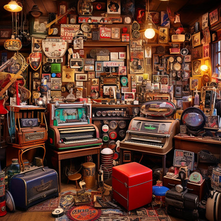 Take a trip down memory lane with this vivid and nostalgic image portraying a cluttered antique shop filled with vintage tech and gadgets from the past. Immerse yourself in a bygone era where typewriters, rotary telephones, jukeboxes, and cathode-ray tube televisions reigned supreme. Surrounding these iconic artifacts, you'll find shelves brimming with classic vinyl records, retro cameras, and collectible toy robots. The scene is infused with warm, sepia tones, evoking a strong sense of nostalgia and sentimentality. Allow this image to transport you to simpler times, encouraging you to reminisce and imagine the stories behind these cherished relics of the past.の素材