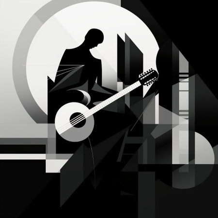 Experience the power of music through the minimalistic illustration 'Monochrome Melodies'. This captivating image portrays a solitary figure playing a musical instrument in a scene rendered entirely in shades of black and white. The use of simple geometric shapes and clean lines evokes the emotions evoked by the beauty and elegance of music. The figure and the instrument are the focal points of the image, surrounded by a sense of space and atmosphere, capturing the essence of music in its most essential form.の素材
