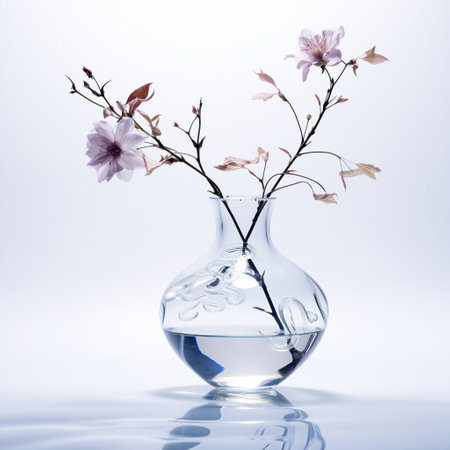 Immerse yourself in the beauty of minimalism with this serene and thought-provoking scene titled Lost Reflections. In this artwork, an isolated object takes center stage on a white background, creating a captivating visual experience. A delicate glass vase, brimming with vibrant wildflowers, occupies the composition, drawing attention to its intricate details and graceful curves. The reflective surface beneath the vase adds a touch of mystique, enhancing the overall aesthetic appeal. The minimalistic approach and ethereal atmosphere combine to capture a fleeting moment of tranquility, inviting viewers to ponder and reflect.の素材