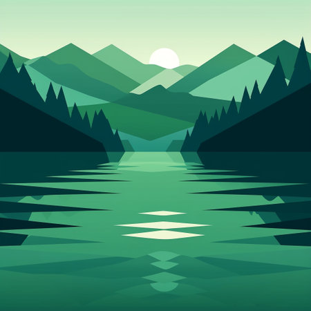 Immerse yourself in the serenity of 'Still Waters', a minimalistic concept image that depicts a serene lake surrounded by lush green mountains. This concept image, inspired by geometric abstraction, aims to reflect the calmness and tranquility of the scene. With a clean and minimal composition, it conveys a sense of simplicity, peacefulness, and harmony with nature.の素材