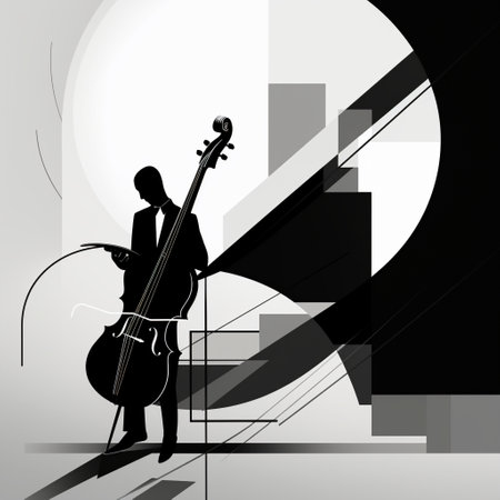 Experience the power of music through the minimalistic illustration 'Monochrome Melodies'. This captivating image portrays a solitary figure playing a musical instrument in a scene rendered entirely in shades of black and white. The use of simple geometric shapes and clean lines evokes the emotions evoked by the beauty and elegance of music. The figure and the instrument are the focal points of the image, surrounded by a sense of space and atmosphere, capturing the essence of music in its most essential form.の素材