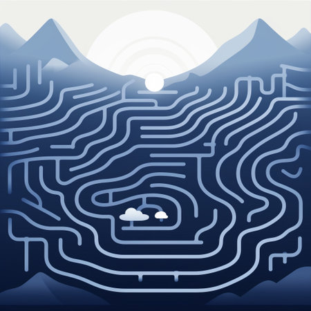 Get lost in the beauty of this unique minimalistic maze that is sure to capture the attention of viewers on microstock sites! Created with clean lines, a limited color palette, and a sense of depth or dimension, this maze design exudes simplicity and elegance. Impress viewers with the creativity and ability of this image to convey the intricate nature of mazes while maintaining a minimalistic overall composition.の素材