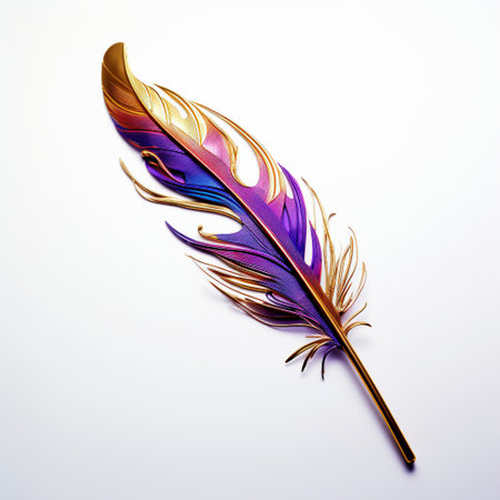 Immerse yourself in the world of art and elegance with this solitary quill on a white background. Crafted to resemble a delicate work of art, the quill captivates attention with its intricate details and elegant shape. Soft lighting casts small shadows, adding depth to the composition. The vibrant colors used in the art style create a visual masterpiece that evokes a sense of sophistication and creativity. This unique image is perfect for versatile usage on microstock sites, eliciting reactions of admiration and curiosity.の素材