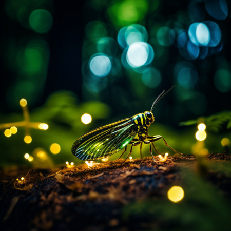 Experience the magic of nature with this highly engaging and visually stunning image of a firefly illuminating a dark forest in a macro shot. The firefly's glow is depicted as intensely captivating, casting an ethereal light on the surroundings. The art style used highlights the intricate details of the firefly and the forest, capturing the ambiance and mystery of the scene. Let your imagination roam as you witness the wonder and enchantment of this captivating image.の素材