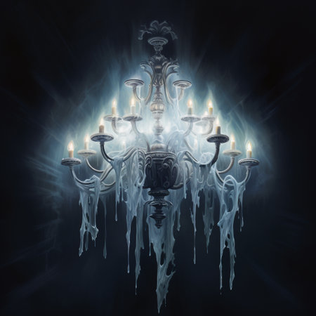 Witness the haunting beauty of this chandelier shaped like a ghost, hovering in mid-air with a mesmerizing haunted glow. The antique and ornate design of the chandelier exudes grandeur and charm from a bygone era, adding an ethereal touch to any space. Against a clean white background, the ghostly presence of the chandelier is emphasized, creating a captivating and eerie ambiance.の素材