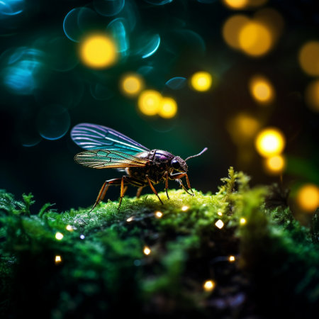 Experience the magic of nature with this highly engaging and visually stunning image of a firefly illuminating a dark forest in a macro shot. The firefly's glow is depicted as intensely captivating, casting an ethereal light on the surroundings. The art style used highlights the intricate details of the firefly and the forest, capturing the ambiance and mystery of the scene. Let your imagination roam as you witness the wonder and enchantment of this captivating image.の素材