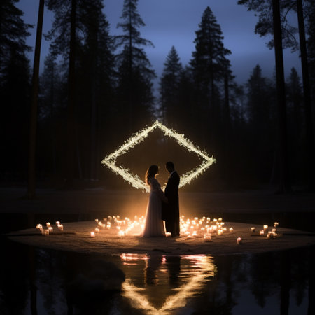 Experience the mesmerizing fusion of contrasting elements in this non-traditional and alternative ceremony titled 'Harmonizing Polarities.' This visually captivating image showcases the harmonious combination of two opposing symbols, such as fire and water, light and dark, or nature and technology, in a setting that radiates unity and balance. The powerful potential of fusing polarities in unique ceremonies is beautifully portrayed, inviting a wide range of reactions. Created using various art styles like surrealism, digital collage, or abstract illustration, this image sparks intrigue and captures the imagination. Please note that the image has been designed to be commercially viable and does not contain any copyrighted content or trademarks.の素材