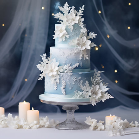 Be captivated by this unique and eye-catching image of Frosty Delights: A Multi-tiered Winter Wedding Cake. With an art style reminiscent of a whimsical and dreamy watercolor painting, this cake is adorned with delicate snowflakes, sparkling icicles, and intricate winter-themed decorations. The serene snowy landscape backdrop adds to the enchanting atmosphere of this image, evoking a sense of elegance and joy. Perfect for capturing the magical essence of a winter wedding celebration.の素材