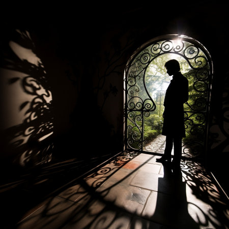 Embark on a surreal journey with this image inspired by Lewis Carroll's Wonderland. A mysterious figure stands at the entrance of a curved doorway, casting haunting shadows that distort reality. Through the shadows, glimpses of strange and fantastical elements within Wonderland are revealed, captivating the imagination. The interplay of light and darkness creates a sense of intrigue and curiosity, leaving viewers pondering the mystery that lies beyond the door. With a minimalistic art style and a monochrome color palette, infused with vibrant hues, this image whimsically captures the essence of an enchanting Wonderland.の素材