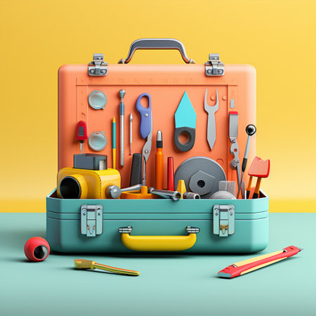 Get ready to dive into the world of endless creativity and innovation with 'The Inventor's Toolbox'! This vibrant and playful image depicts a toolbox overflowing with brilliantly creative and innovative stationery tools, symbolizing the boundless creativity and ingenuity within the world of offices and workspaces. Each tool showcases a unique and imaginative twist on traditional stationery items, highlighting how creativity can enhance productivity and spark inspiration in the workplace. With its bold colors, clean lines, and well-defined details, this image is sure to capture attention and stand out on microstock sites, appealing to a wide range of audiences.の素材