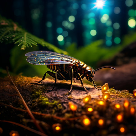 Experience the magic of nature with this highly engaging and visually stunning image of a firefly illuminating a dark forest in a macro shot. The firefly's glow is depicted as intensely captivating, casting an ethereal light on the surroundings. The art style used highlights the intricate details of the firefly and the forest, capturing the ambiance and mystery of the scene. Let your imagination roam as you witness the wonder and enchantment of this captivating image.の素材