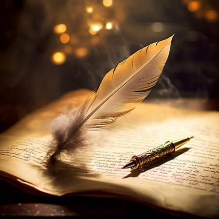 Get ready to be enchanted by 'The Whispers of Wisdom'! This realistic art style image depicts a mesmerizing feather quill pen delicately releasing a stream of ethereal words into the air. It captures the essence of the power and wisdom conveyed through the art of written communication. The image showcases the elegance and grace of the feather pen, while incorporating elements that symbolize knowledge, creativity, and enlightenment. Prepare to be captivated and inspired by the metaphorical representation of the profound impact that words can have.の素材
