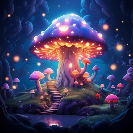 Step into the enchanting world of the 'Enchanted Forest,' a mesmerizing scene that combines the beauty of minimalism with the allure of fantasy. This captivating image features a solid color background that accentuates the magical essence of the forest. At the heart of the composition stands a richly detailed and whimsical tree, serving as the focal point and drawing viewers into its spellbinding presence. Adorning the branches of the tree are majestic glowing mushrooms, emitting a soft, ethereal light that illuminates the surroundings. The forest is further brought to life with vibrant and mystical flora, adding a touch of wonder to the scene. The overall composition evokes a sense of awe and transports viewers to a fairytale realm where dreams come true. This image is perfect for a variety of creative purposes, including book covers, greeting cards, and website backgrounds, captivating audiences with its dreamlike atmosphere.の素材