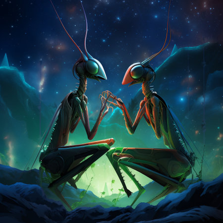 Get ready to be transported into a whimsical and otherworldly world with this vibrant and colorful artwork titled 'Aliens Among Us: A Macro Glimpse Into the World of Praying Mantises'. This illustration captures the fascinating world of praying mantises in a macro setting, but with a twist of otherworldly elements, giving it a sense of mystery and enchantment. The artwork is created in a highly sought-after art style that is perfect for microstock sites.の素材