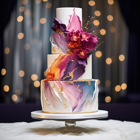 Get ready to be mesmerized by this visually stunning masterpiece that combines the elegance of multi-tiered wedding cakes with the vibrant energy of a modern art exhibition. This cake, entitled 'A Sweet Symphony: Marvelous Multi-tiered Creations,' is a true work of edible art that dances with colors, shapes, and textures. With intricate details and layering, it exudes a sense of sophistication and joy, capturing the eyes and tempting the taste buds. This cake is not only a treat for the palate but also a feast for the eyes, making it a hit among designers, event planners, and cake enthusiasts on microstock sites.の素材