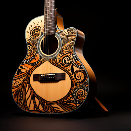 Immerse yourself in the mesmerizing beauty of this image featuring a traditional acoustic guitar with a twist of modernity. The guitar is elegantly displayed against a background of vibrant colors, which harmonize perfectly with its graceful curves and natural wood texture. The intricate patterns engraved on the neck and soundhole add a touch of artistic craftsmanship, highlighting the attention to detail in its design. The strings, seemingly frozen in motion, emit a vibrant aura, evoking a sense of endless melodies waiting to be discovered. This composition captures the timeless allure of the classic acoustic guitar, symbolizing the eternal harmony of music across generations.の素材