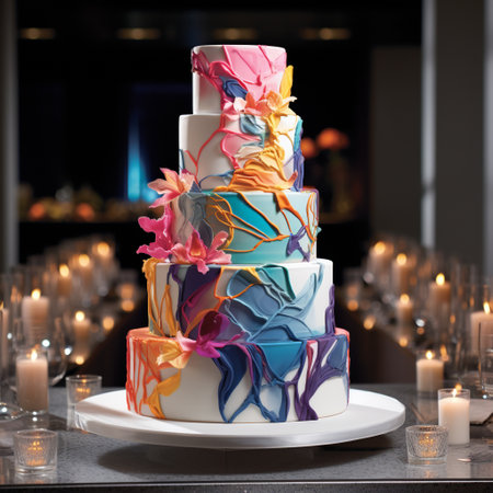 Get ready to be mesmerized by this visually stunning masterpiece that combines the elegance of multi-tiered wedding cakes with the vibrant energy of a modern art exhibition. This cake, entitled 'A Sweet Symphony: Marvelous Multi-tiered Creations,' is a true work of edible art that dances with colors, shapes, and textures. With intricate details and layering, it exudes a sense of sophistication and joy, capturing the eyes and tempting the taste buds. This cake is not only a treat for the palate but also a feast for the eyes, making it a hit among designers, event planners, and cake enthusiasts on microstock sites.の素材