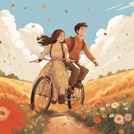 Get ready for a fun and romantic pre-wedding adventure with Bike to Forever: A Joyful Ride Through the Countryside. This prompt is perfect for an art style that captures the beauty of nature and the excitement of biking. Imagine a couple in love, smiling and enjoying a leisurely bike ride together through picturesque countryside landscapes. This prompt is ideal for microstock sites looking for pre-wedding activity illustrations that evoke feelings of joy, romance, and adventure.の素材