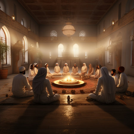 Experience the serenity of a religious ceremony set in a peaceful atmosphere, where people of different faiths come together in unity. This image depicts individuals in deep prayer or meditation, with their eyes closed and hands clasped in unity. Each person is dressed in traditional attire that represents their respective religious backgrounds, creating a beautiful tapestry of diversity and inclusivity. The surroundings exude tranquility, with soft lighting and subtle religious symbols in the background. The art style combines realism with a touch of surrealism, using vibrant colors and blending techniques to create a dreamlike ambiance.の素材