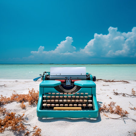 Immerse yourself in the surreal beauty of this image featuring a vintage typewriter placed on a deserted beach. The typewriter stands out as the focal point, with its forgotten and vintage nature emphasized. Surrounding the typewriter is serene white sand and crystal clear blue water, creating a tranquil atmosphere. The vibrant colors used in the art style add a touch of surrealism, capturing attention and inviting the viewer to imagine stories from a bygone era.の素材