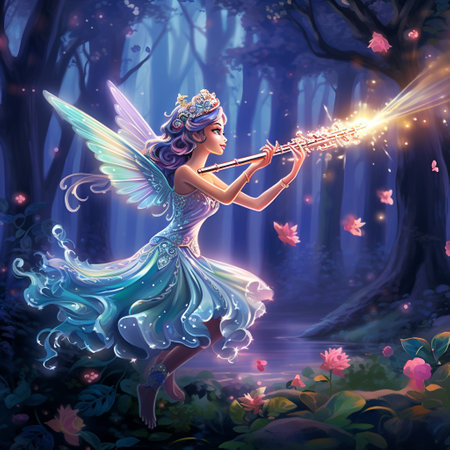 Immerse yourself in the enchanting world of this colorful and vibrant illustration. In a lush, enchanted forest, a fairy delicately plays a majestic flute, filling the air with a mesmerizing melody. Her graceful fingers dance along the flute's keys, while fireflies cast a soft glow, illuminating the intricately carved and jewel-adorned instrument. The whimsical and fantastical art style transports you to a storybook realm, where flora and fauna are spellbound by the captivating music. This illustration is a perfect fit for microstock sites seeking enchanting and magical imagery related to traditional musical instruments.の素材