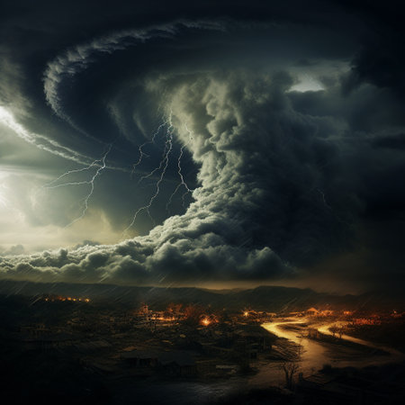 Prepare to be amazed by this image of a whirling tornado in an epic display of nature's power! Depicting the immense strength and destruction of the tornado as it rages across the landscape, this artwork captures the raw energy and intensity of the storm. With its art style that evokes both awe and fear, this image will surely leave you fascinated and in awe of the wonders of nature.の素材