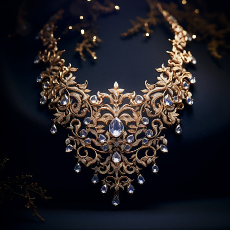Indulge your eyes with the mesmerizing beauty of this luxurious necklace adorned with glittering gems and intricate gold designs. Set against a backdrop of ethereal whispers, this piece of exquisite jewelry is a true masterpiece. The captivating centerpiece gem emits a soft glow, illuminating the opulent craftsmanship and adding to the allure of the necklace. With its intricate details and shimmering allure, this composition exudes elegance and extravagance, captivating viewers with its sheer splendor.の素材