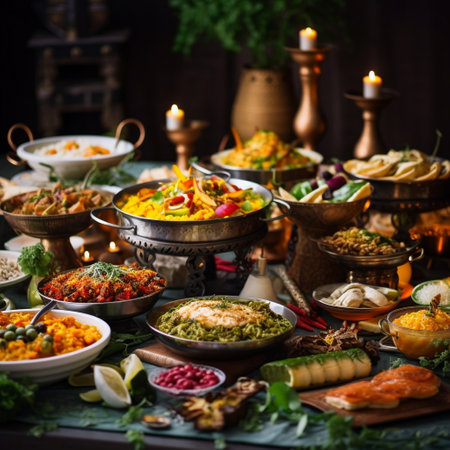 Indulge in the flavors of love and unity with this delightful fusion of traditional wedding foods from diverse cultures around the world. This image showcases a beautifully set table adorned with exquisite dishes from various countries, symbolizing the shared joy and harmony of global celebrations. From sushi in Japan to tacos in Mexico, pasta in Italy to biryani in India, and moussaka in Greece, this artistic depiction highlights the vibrant colors, intricate details, and mouthwatering textures of each culinary creation. Celebrate cultural diversity, unity, and the transcendence of boundaries through the universal language of food and love.の素材