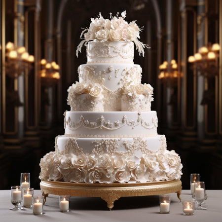 Prepare to be mesmerized by this grand and opulent wedding cake. With its luxurious layers and exquisite details, this cake is designed to captivate and indulge the senses. Featuring multiple tiers, delicate lace patterns, floral decorations, and shimmering edible pearls, every element is meticulously crafted to create a breathtaking masterpiece. The style of this cake is elegant, sophisticated, and infused with a touch of extravagance, perfectly capturing the essence of a dream wedding.の素材