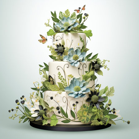 Indulge in the beauty of nature with this Botanical Bliss wedding cake. Featuring multiple tiers adorned with intricate botanical elements, including delicate flowers, lush foliage, and whimsical butterflies, this cake is sure to captivate. The vibrant and detailed art style makes it the perfect choice for commercial use on microstock sites.の素材