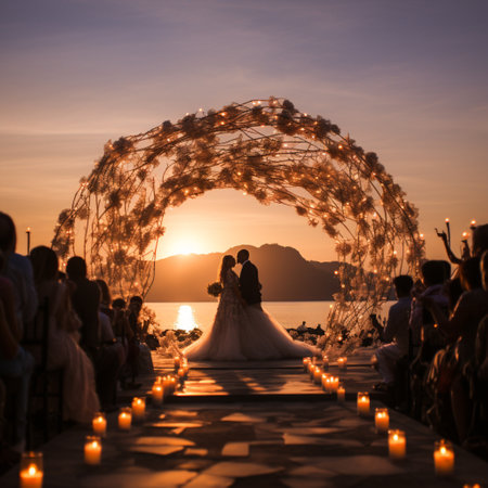 Experience the mesmerizing fusion of contrasting elements in this non-traditional and alternative ceremony titled 'Harmonizing Polarities.' This visually captivating image showcases the harmonious combination of two opposing symbols, such as fire and water, light and dark, or nature and technology, in a setting that radiates unity and balance. The powerful potential of fusing polarities in unique ceremonies is beautifully portrayed, inviting a wide range of reactions. Created using various art styles like surrealism, digital collage, or abstract illustration, this image sparks intrigue and captures the imagination. Please note that the image has been designed to be commercially viable and does not contain any copyrighted content or trademarks.の素材