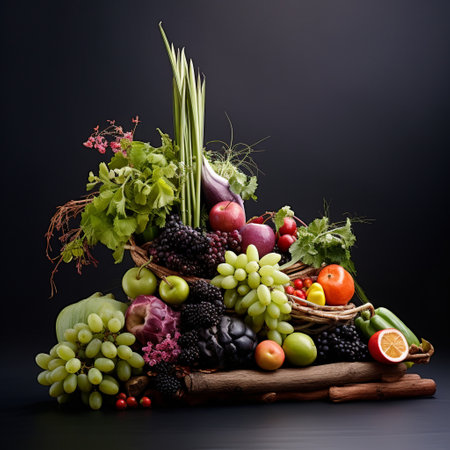 Immerse yourself in the serenity of this mesmerizing still life artwork titled 'Pure Elegance'. It showcases an exquisitely arranged assortment of hand-picked produce, carefully composed to embody the essence of sophistication. The simplicity of nature's bountiful offerings takes center stage, as vibrant colors, gentle textures, and organic shapes come together to create a harmonious visual experience. This artwork seamlessly combines realism with a touch of minimalism, allowing the beauty and elegance of the produce to shine. The serene ambiance captured in this piece is sure to evoke a sense of admiration for the wondrous treasures of the harvest.の素材