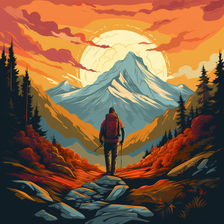 Embark on a visual journey of resilience and determination with our illustration, 'Pathways of Resilience.' This artwork captures a hiker traversing a scenic mountain trail, surrounded by awe-inspiring nature. The hiker's posture and facial expression reflect their unwavering determination and strength. The trail showcases a blend of challenging terrains, from steep ascents to adventurous twists and turns, symbolizing the obstacles faced in life. Vibrant colors and textures bring the scene to life, emphasizing the harmonious coexistence between the hiker's journey and the magnificence of the natural landscape.の素材