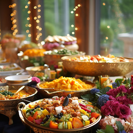 Get ready to indulge your senses with a vibrant cultural wedding feast featuring traditional delicacies from various global cultures! This mouth-watering image showcases a diverse array of fascinating and delicious dishes that symbolize love, celebration, and the merging of two families. From tantalizing samosas and kebabs to decadent wedding cakes and dumplings, each dish represents a unique cultural heritage and adds to the joyful atmosphere of the wedding. The colorful table settings, traditional attire, and festive decorations further enhance the rich cultural tapestry of this culinary fusion. Prepare to be amazed by the unique artistic style, whether it's a mosaic of mouth-watering illustrations or a whimsical collage of edible landscapes. Let this image take you on a tantalizing journey across borders, as the beauty of culinary fusion drips off every delectable detail!の素材
