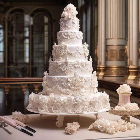Step into a fairytale world of regal sophistication with this image of a towering multi-tiered wedding cake fit for royalty. The realistic art style brings to life the elegance and grandeur of a royal wedding feast. The cake features intricate detailing and embellishments that showcase its opulence, including cascading marbled fondant, handcrafted sugar flowers, and delicate edible lace. Set on an ornate table adorned with sparkling crystal accents and surrounded by flickering candlelight, this cake design is sure to captivate viewers.の素材